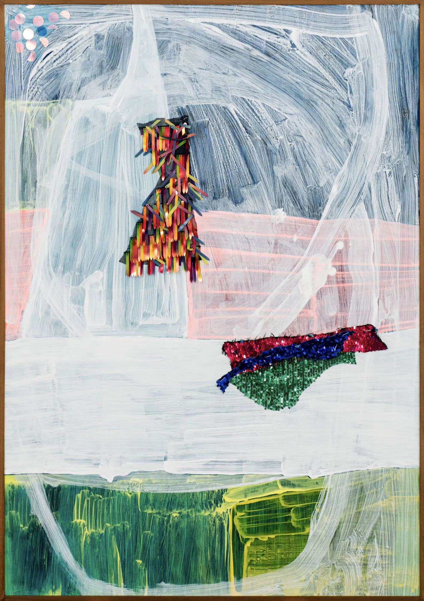 Que bom que não deu certo - não perder dias à espera que dias melhores apareçam, Maísa Champalimaud, 2026, Acrylic and sequins on paper in an embero box frame
