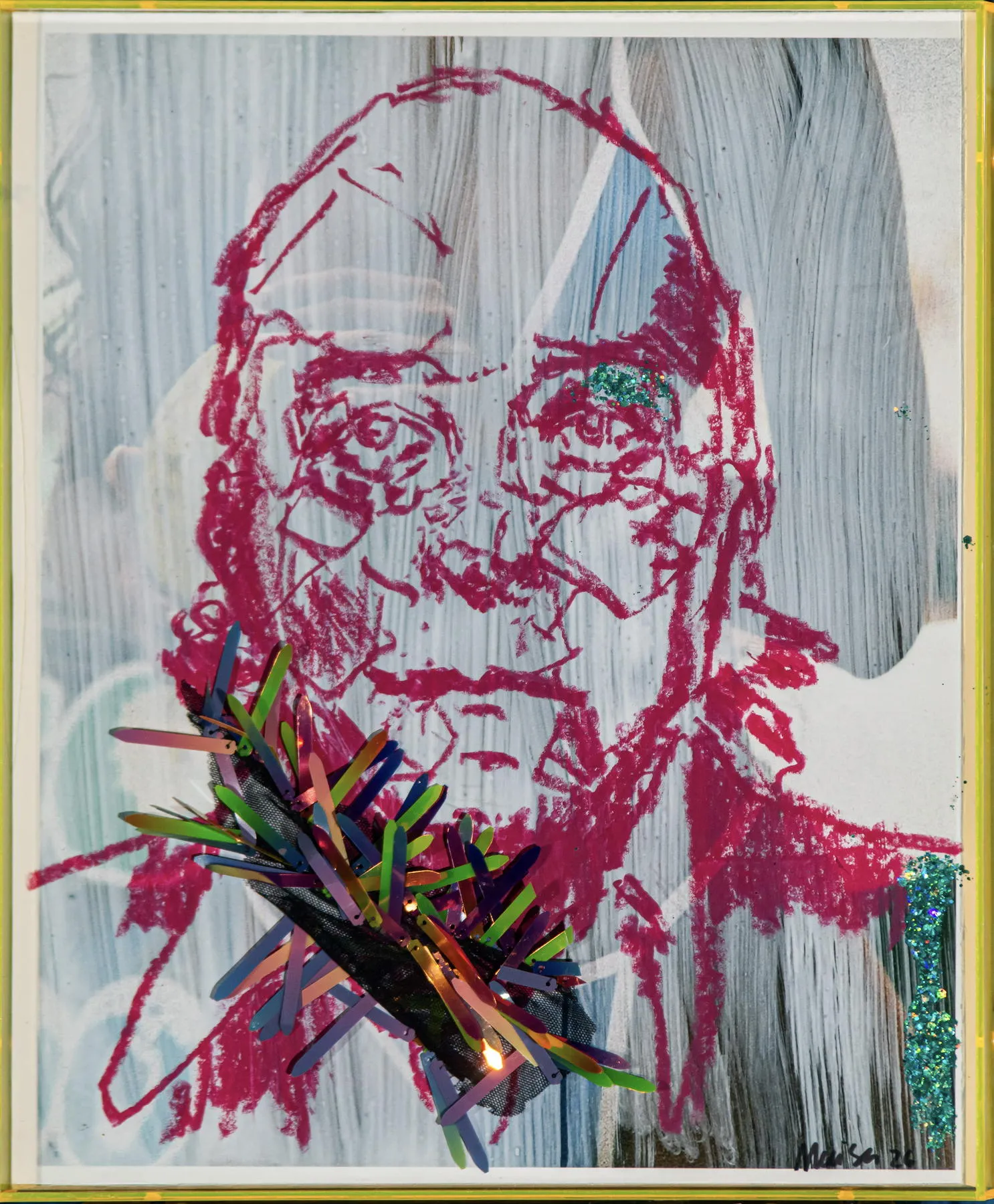 Tom Jobim, Maísa Champalimaud, 2026, Glitter lipstick and other materials on printed paper