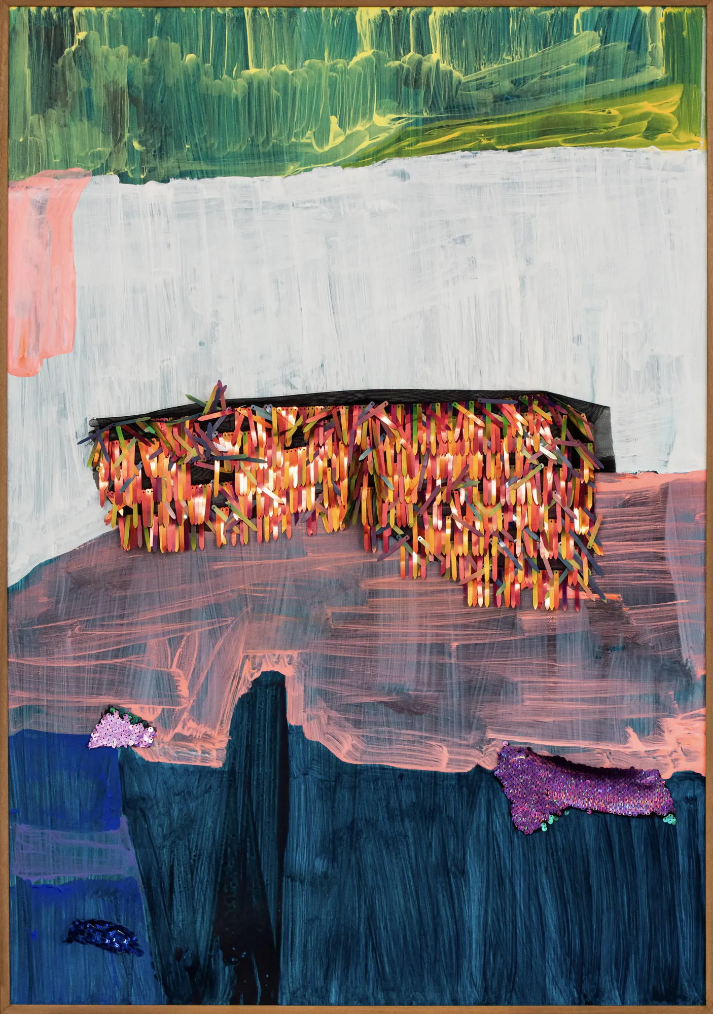 Vivendo coisas, Maísa Champalimaud, 2026, Acrylic and sequins on paper in an embero box frame