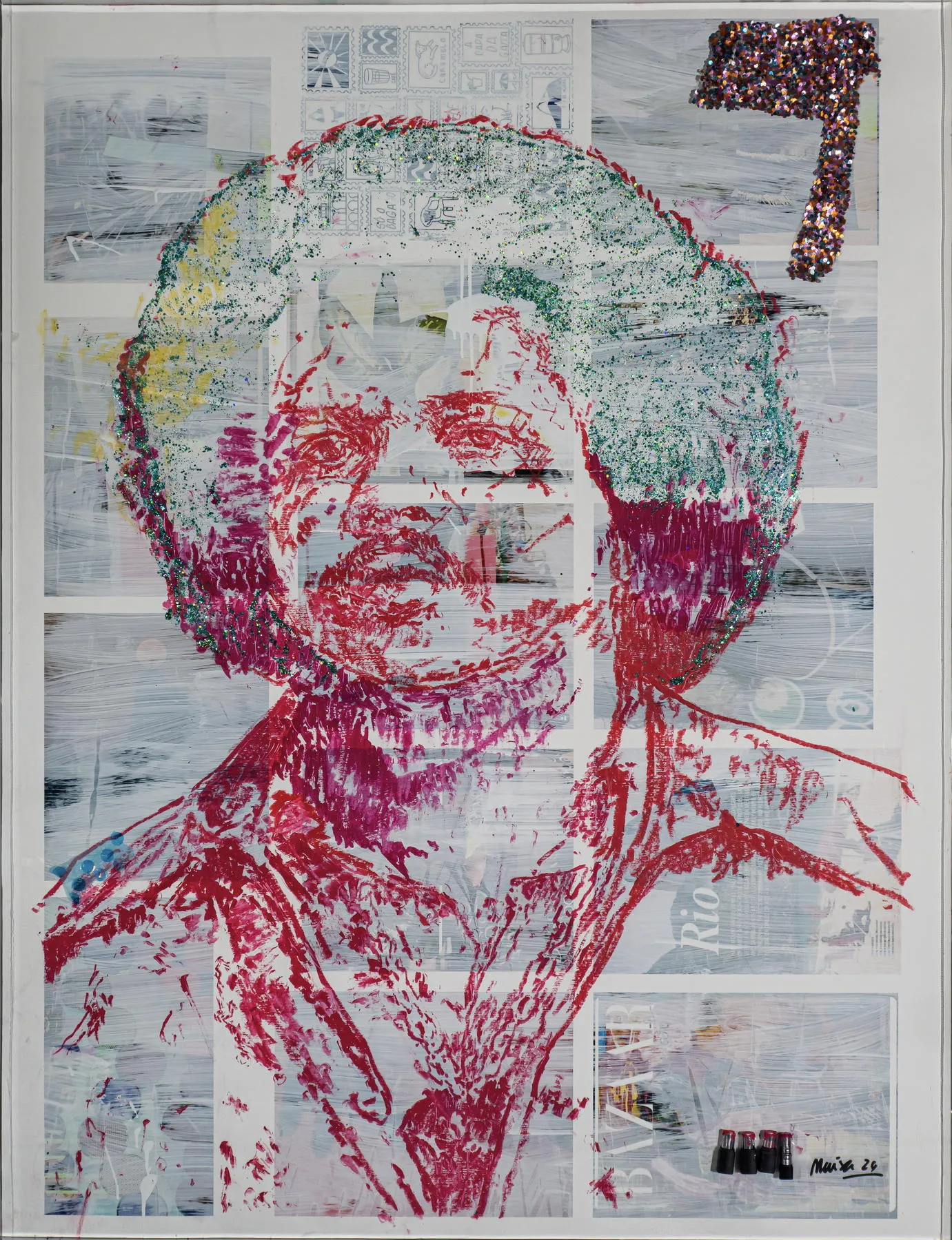 Tim Maia, Maísa Champalimaud, 2026, Glitter lipstick and other materials on paper in acrylic box