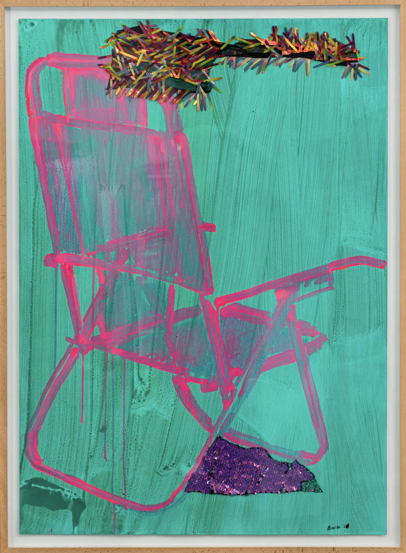 It's about home objects - it's about safe objects #11, Maísa Champalimaud, 2026, Acrylic and sequins on paper in pine box with glass