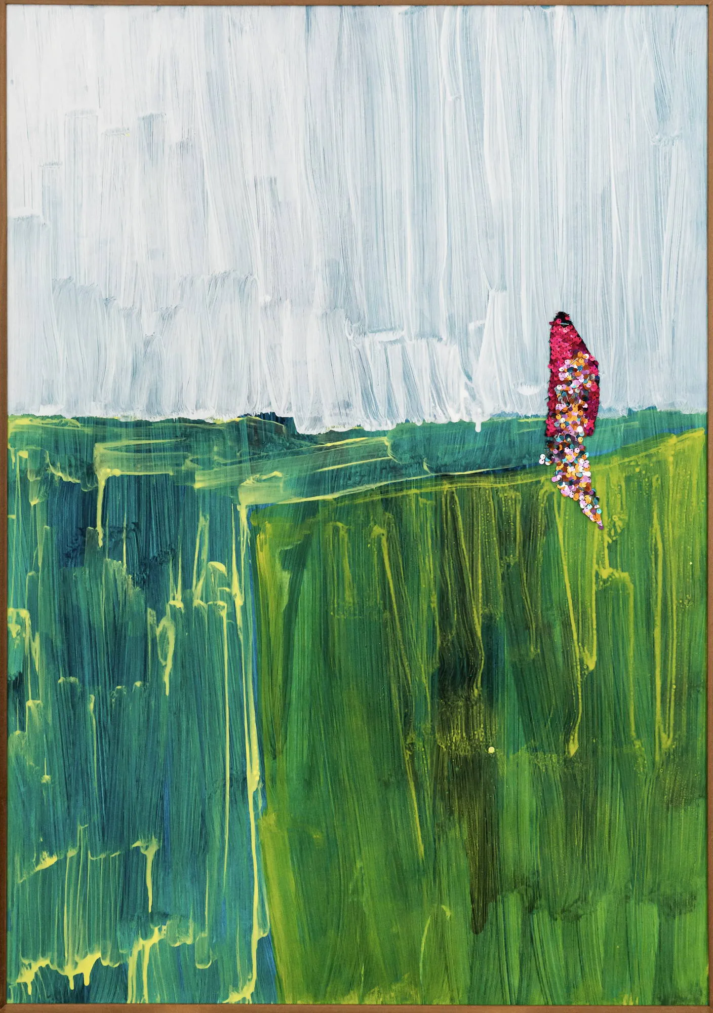 Sentindo sentimentos, Maísa Champalimaud, 2026, Acrylic and sequins on paper in an embero box frame
