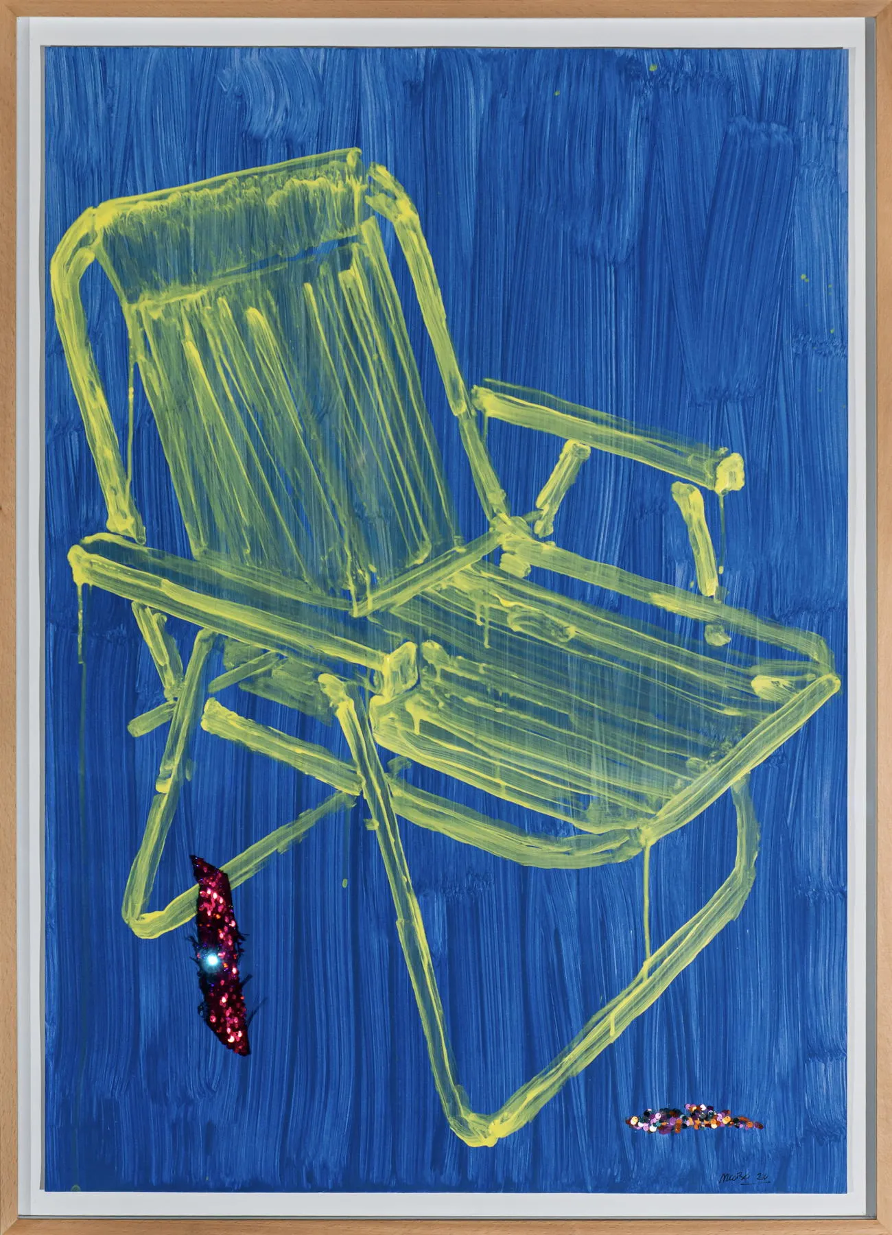 It's about home objects - it's about safe objects #10, Maísa Champalimaud, 2026, Acrylic and sequins on paper in pine box with glass