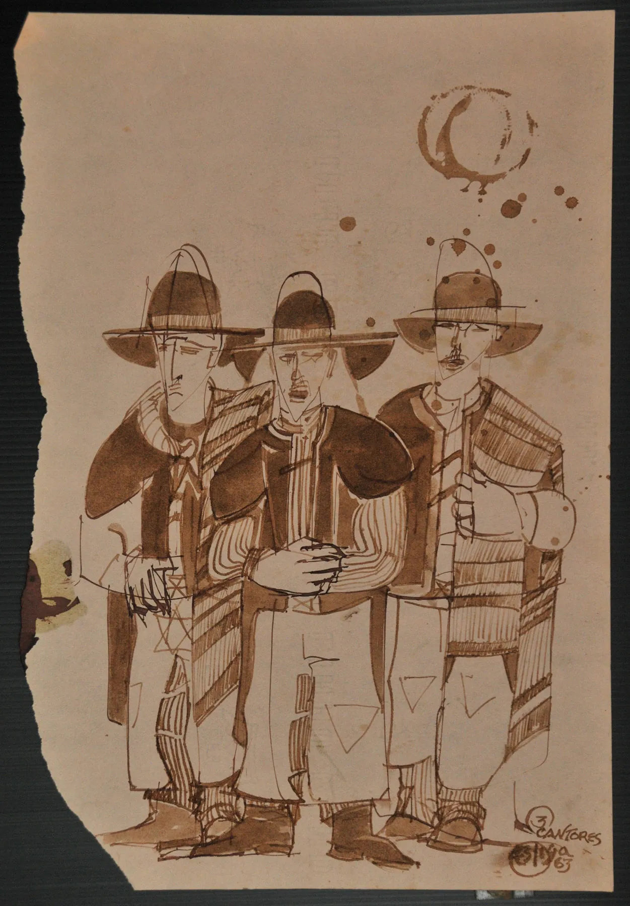 Três Camponeses cantores, Espiga Pinto, 1963, Mixed media on paper
