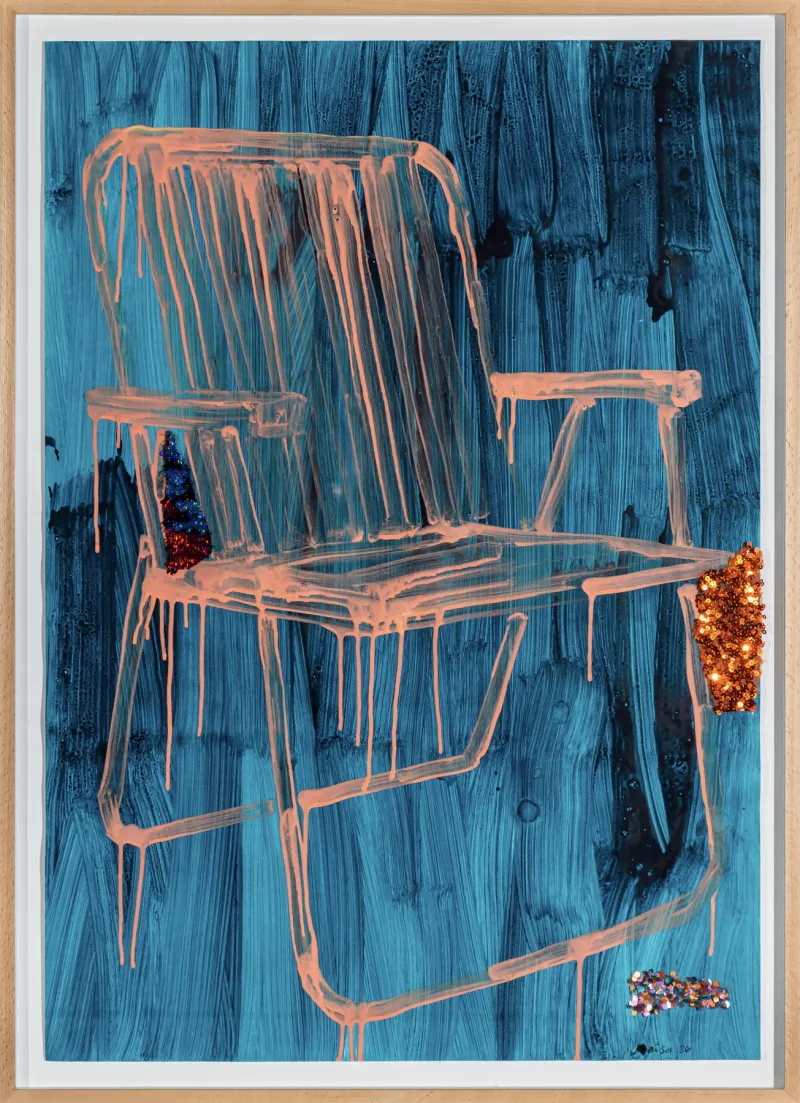 It's about home objects - it's about safe objects #9, Maísa Champalimaud, 2026, Acrylic and sequins on paper in pine box with glass