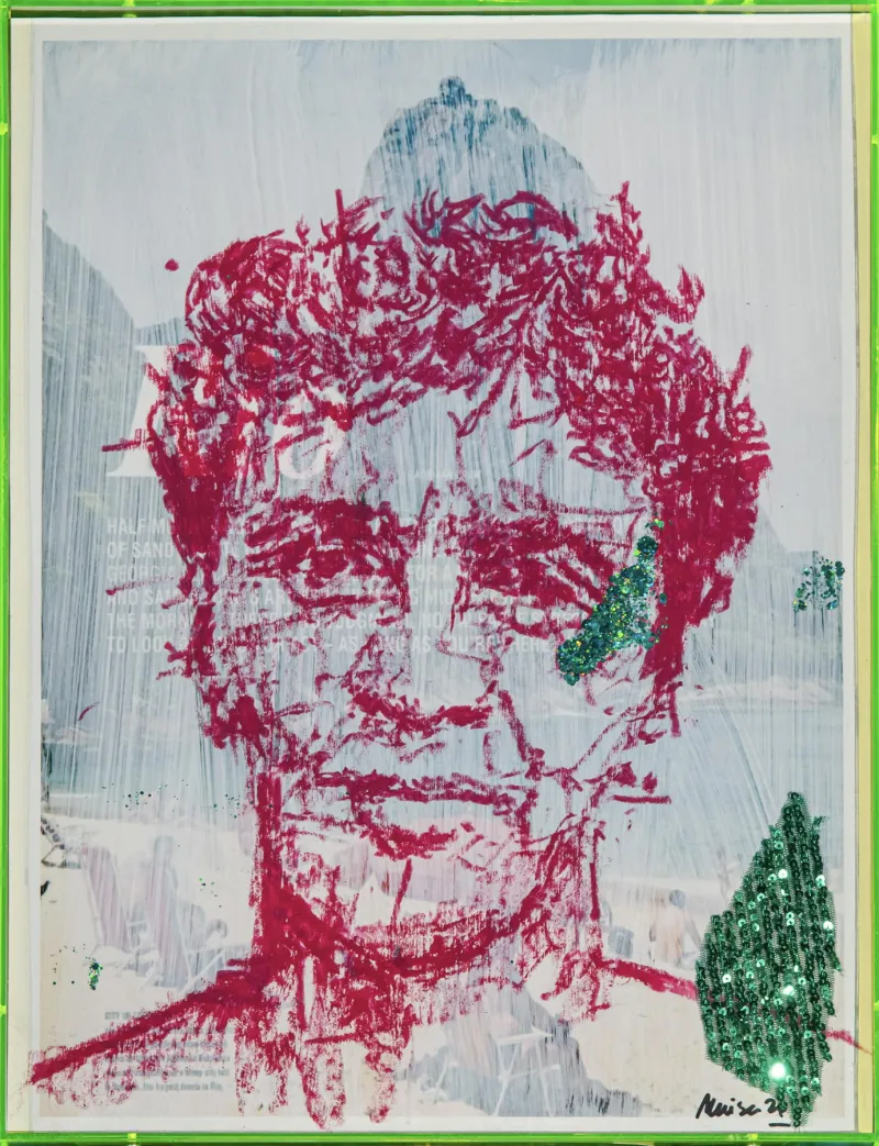 Caetano, Maísa Champalimaud, 2026, Glitter lipstick and other materials on printed paper