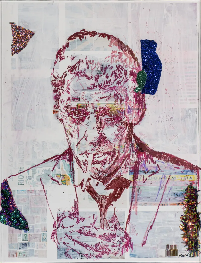 Chico Construção, Maísa Champalimaud, 2026, Glitter lipstick and other materials on paper in acrylic box