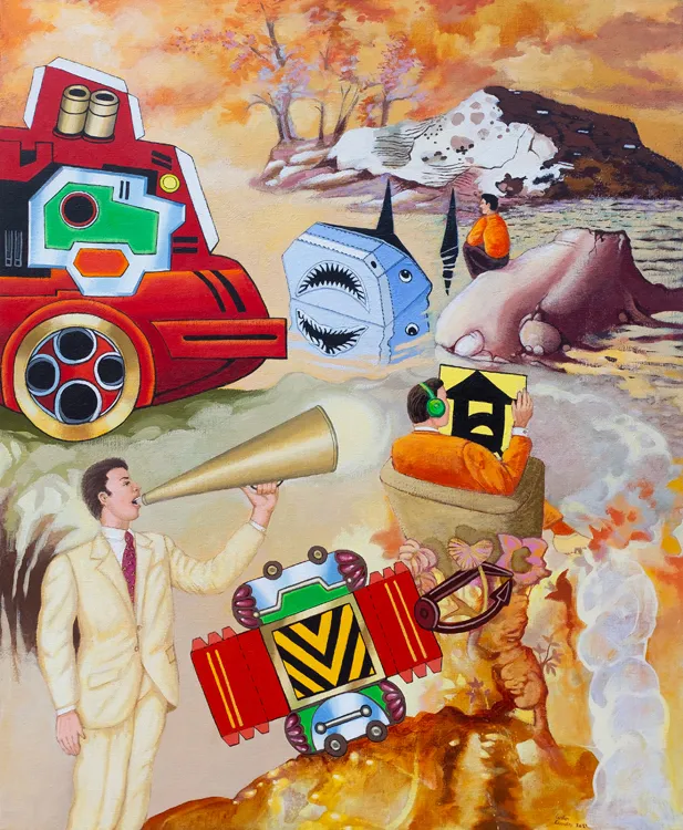 Os paper toys invadem a ilha, Carlos Carreiro, 2021, Acrylic on canvas